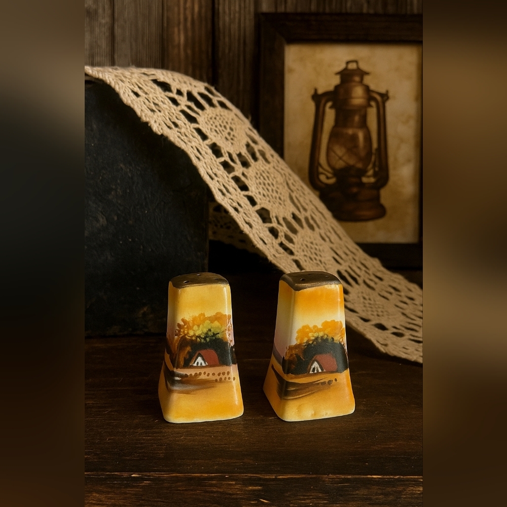 Vintage Hand-Painted Japan Salt & Pepper Shakers | Ceramic Cottage Scene